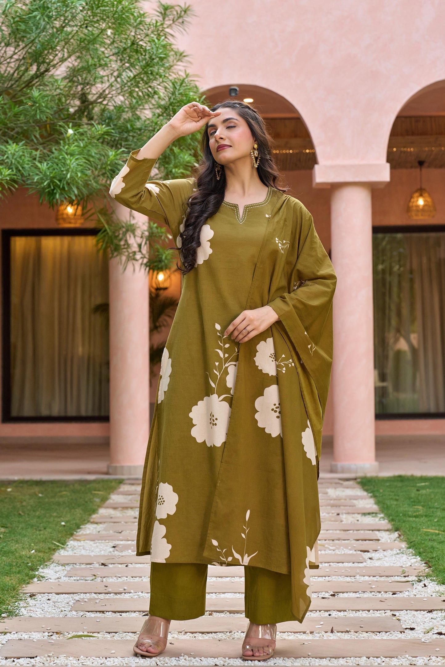 Green pure cotton digital print three piece set (A438)