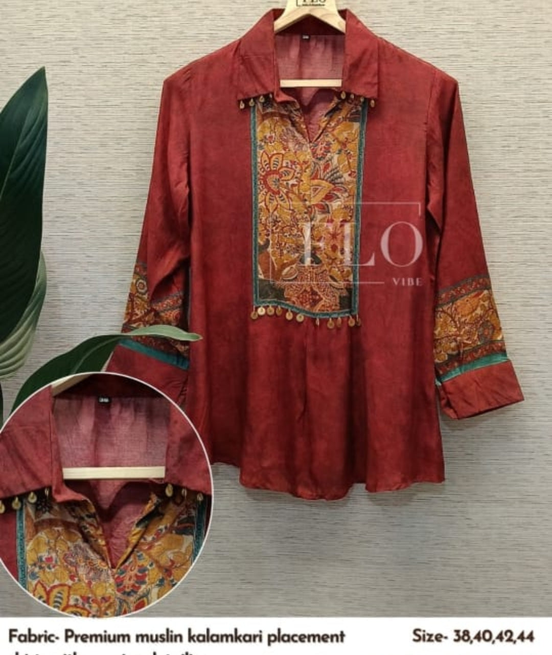 Mahroon pure Muslin with detailing only shirt (A1471)