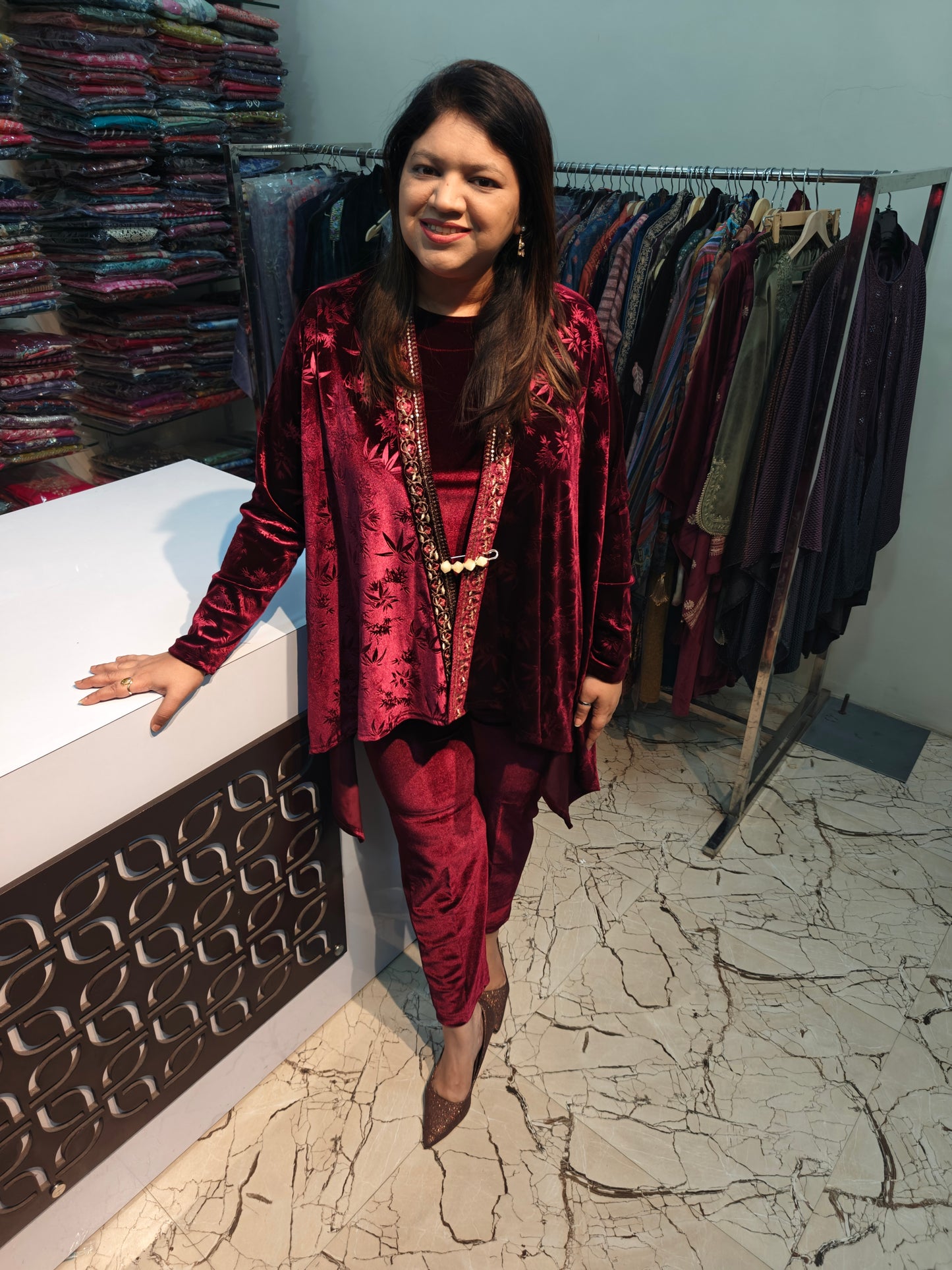 Dark wine fully embossed cape style velevt three piece set