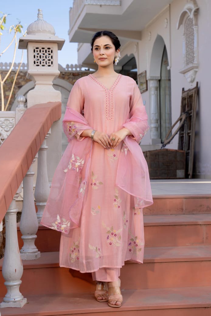 Pink mul chanderi with full thread work three piece set (P2033)