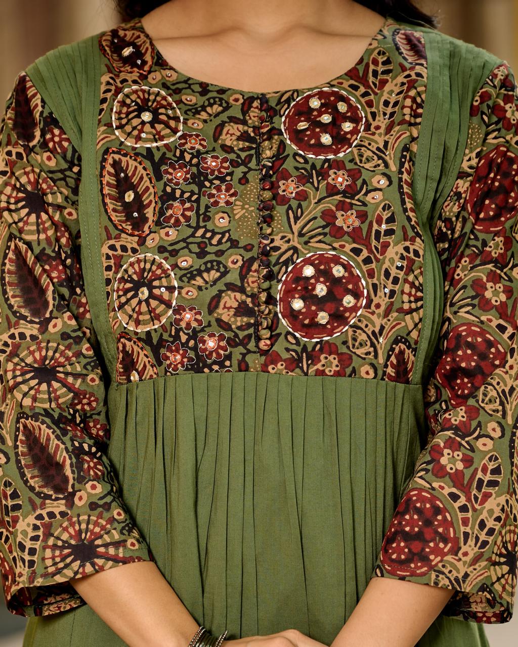 Olive green pure cotton kalamkari three piece set (A398)
