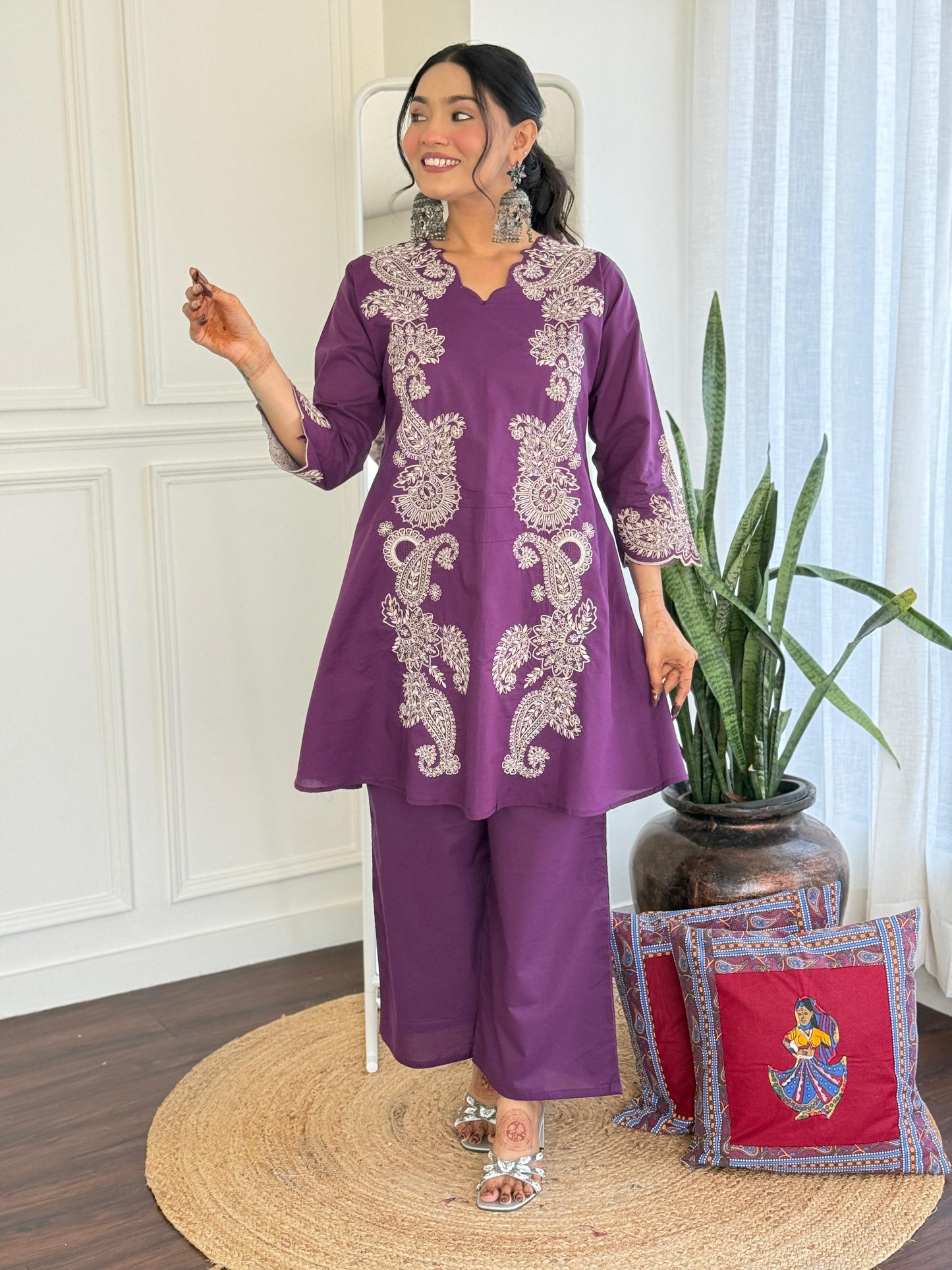 Purple pure cotton fully embroidered two piece cordset (P1970)