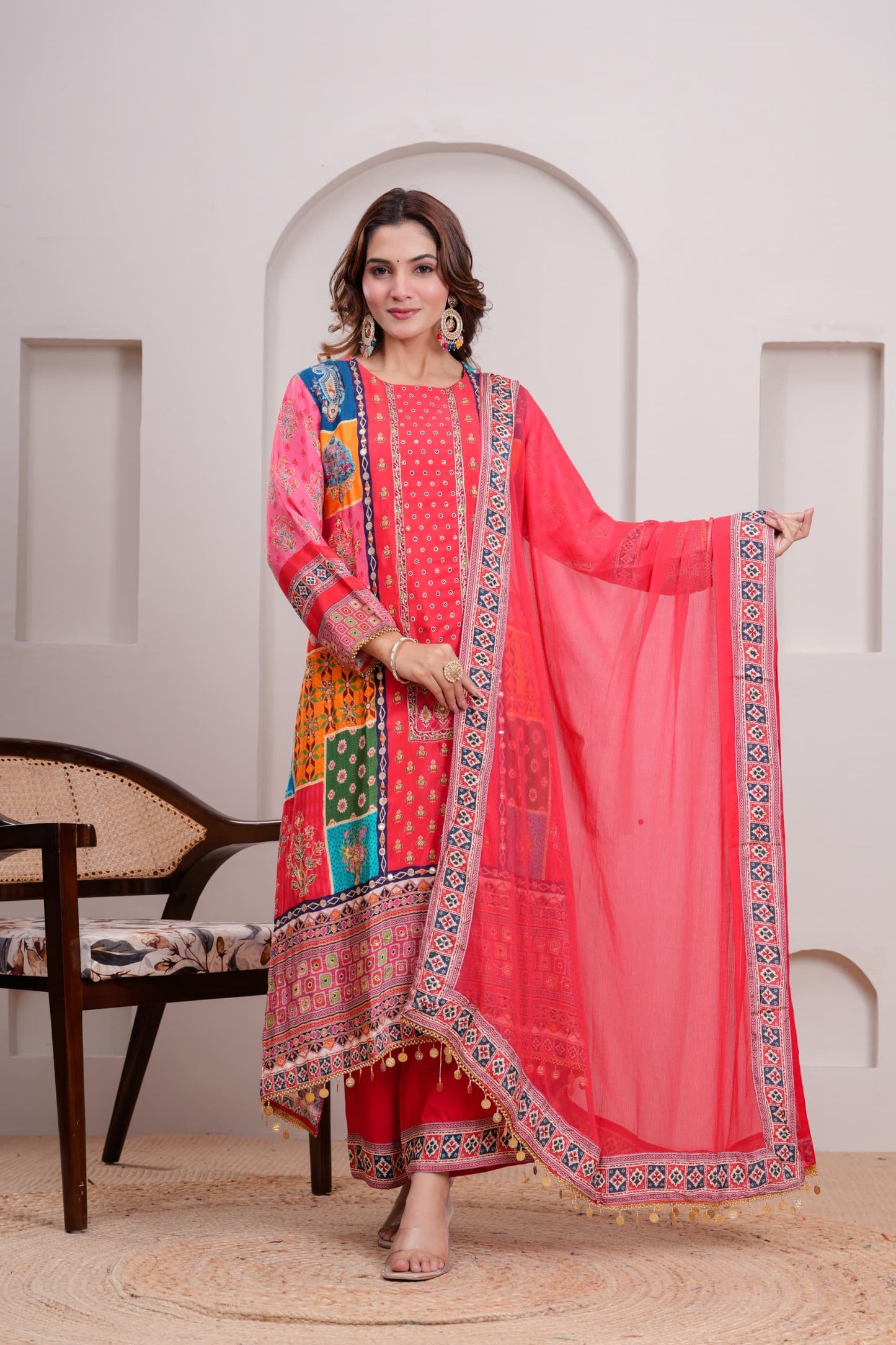 Cherry red pure mul silk with heavy work three piece set (P1941)