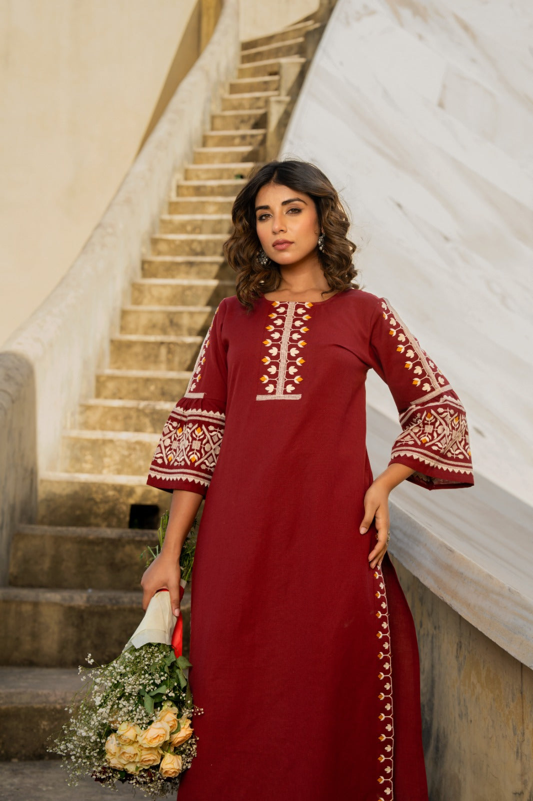 Mahroon handloom cotton with full thread work two piece cordset (P2123)