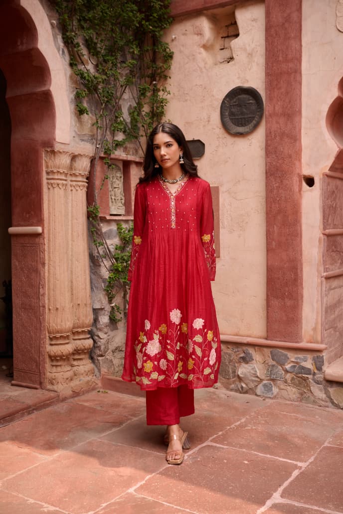Hot pink mul chanderi with tissue flower three piece set (A815)
