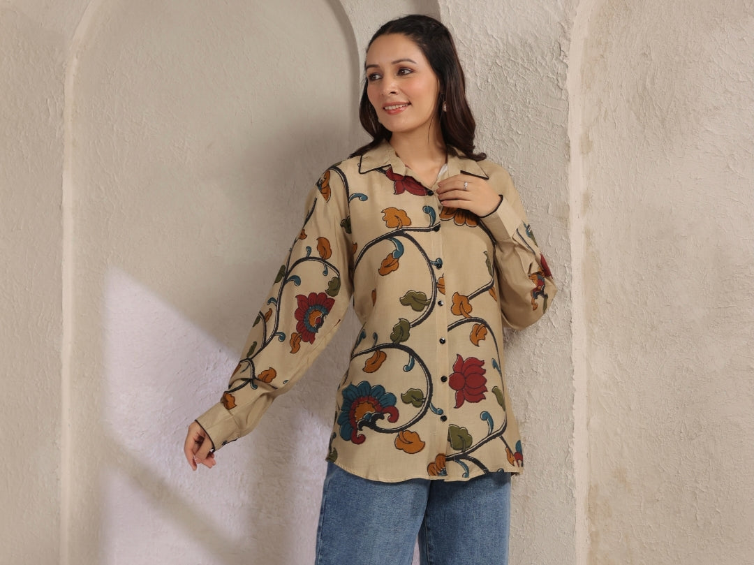 Ivory kalamkari shirt low high pattern (A961)