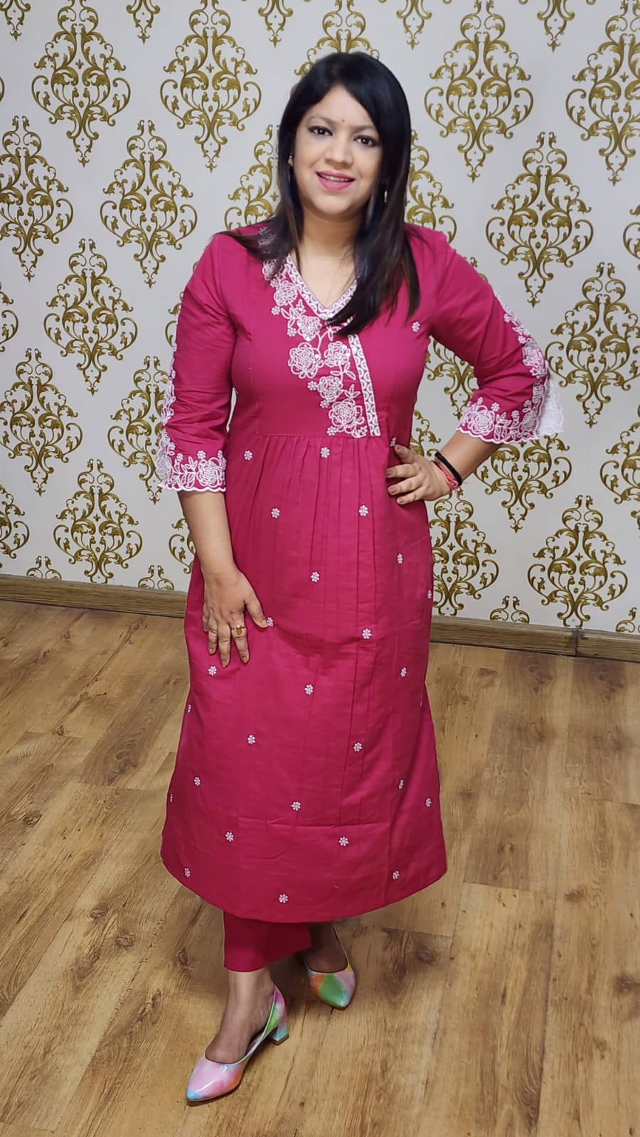 Rani pink pure cotton fully thread work two piece set (P2112)
