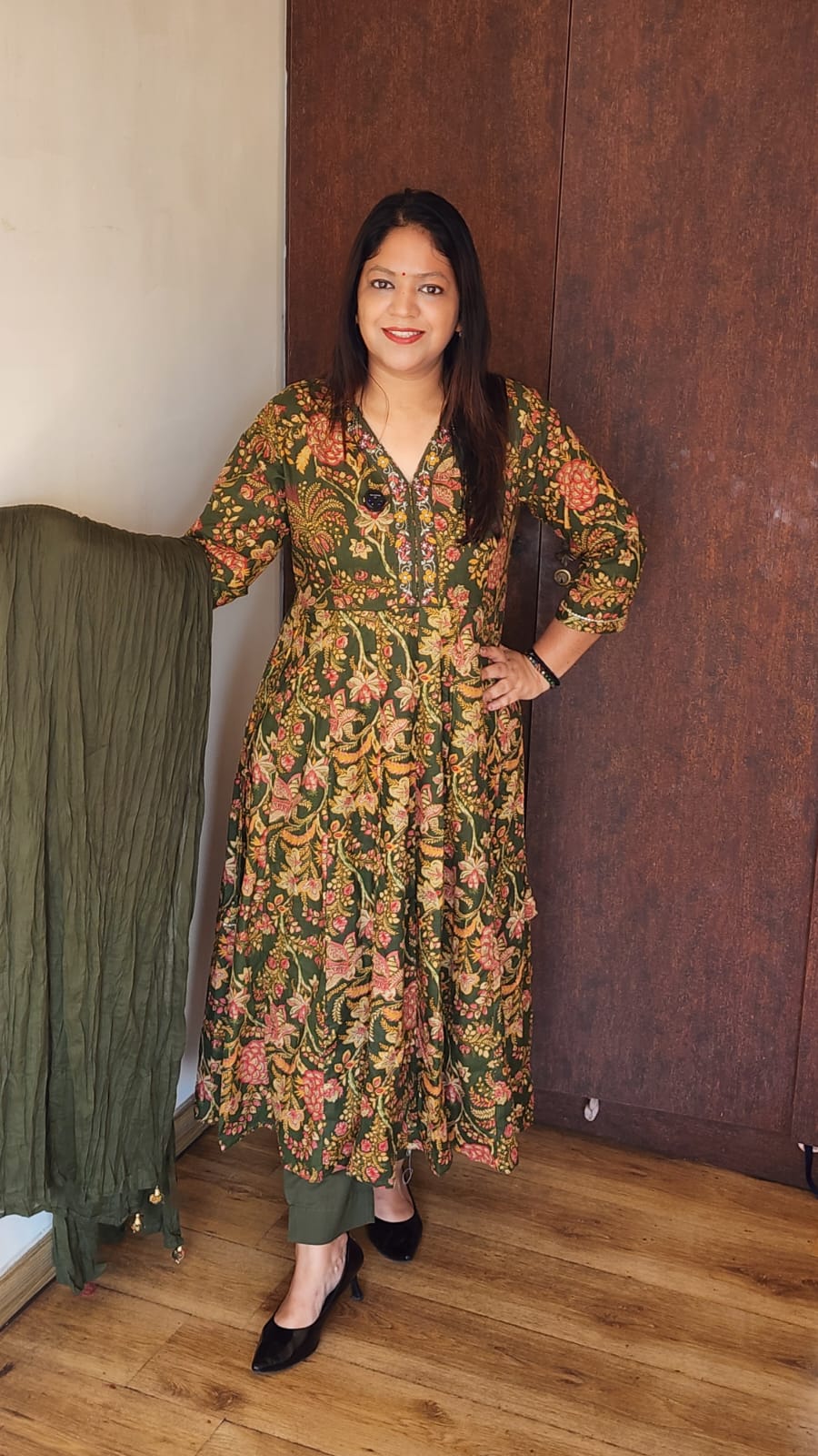 Green kalamkari flared cotton anarkali (A1192)