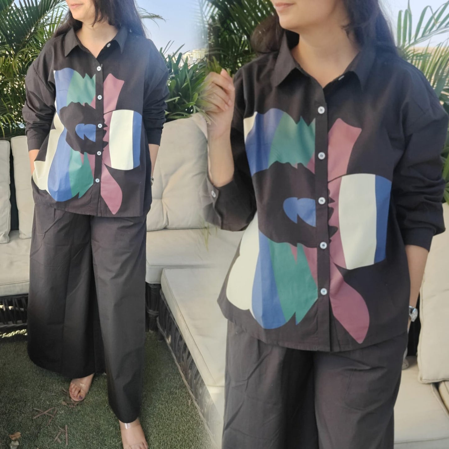 Black cotton silk full paint work two piece cordset (P2039)