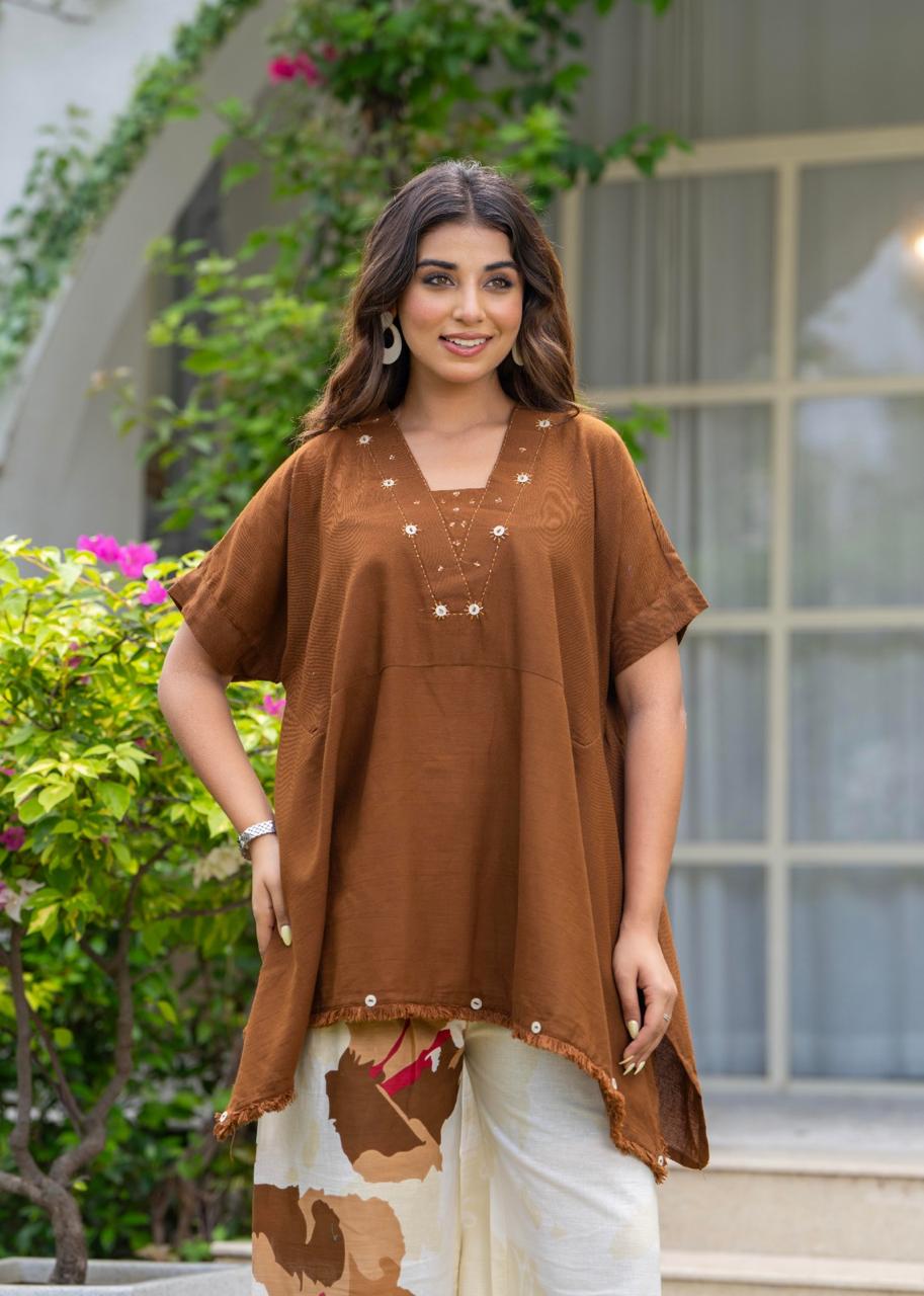 Brown designer handloom cotton two piece cordset (A461)