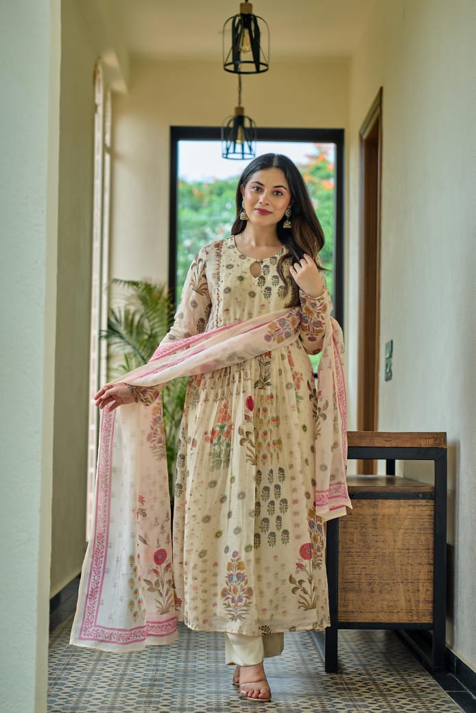Off white oraganza with banarasi buti designer three piece set (A408)