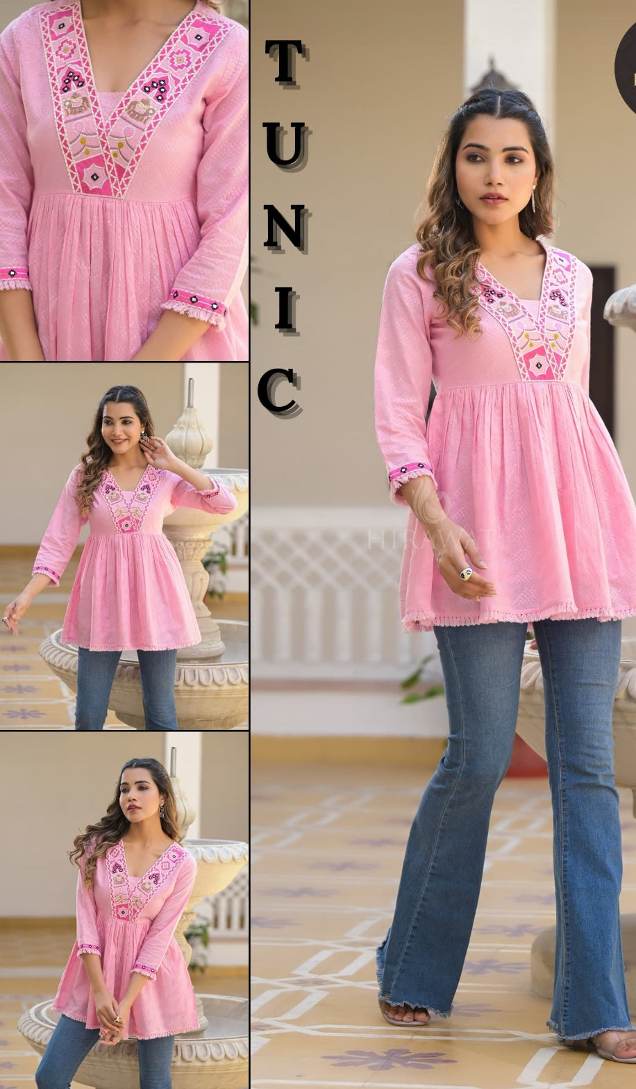 Pink dobby cotton full thread work only top (P2106)