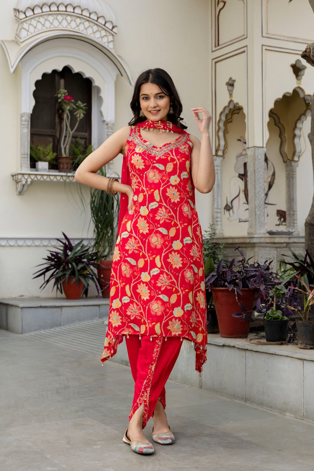Orange pure chinnon with tulip pant designer three piece set (P1977)