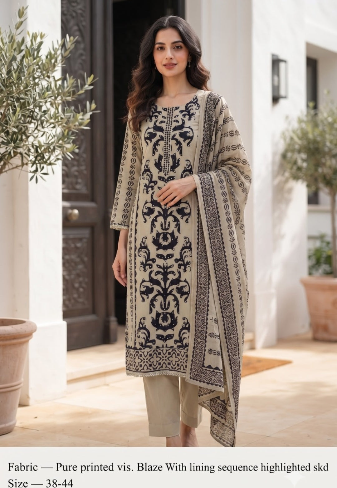 Silk with lining hand work three piece set (C379)
