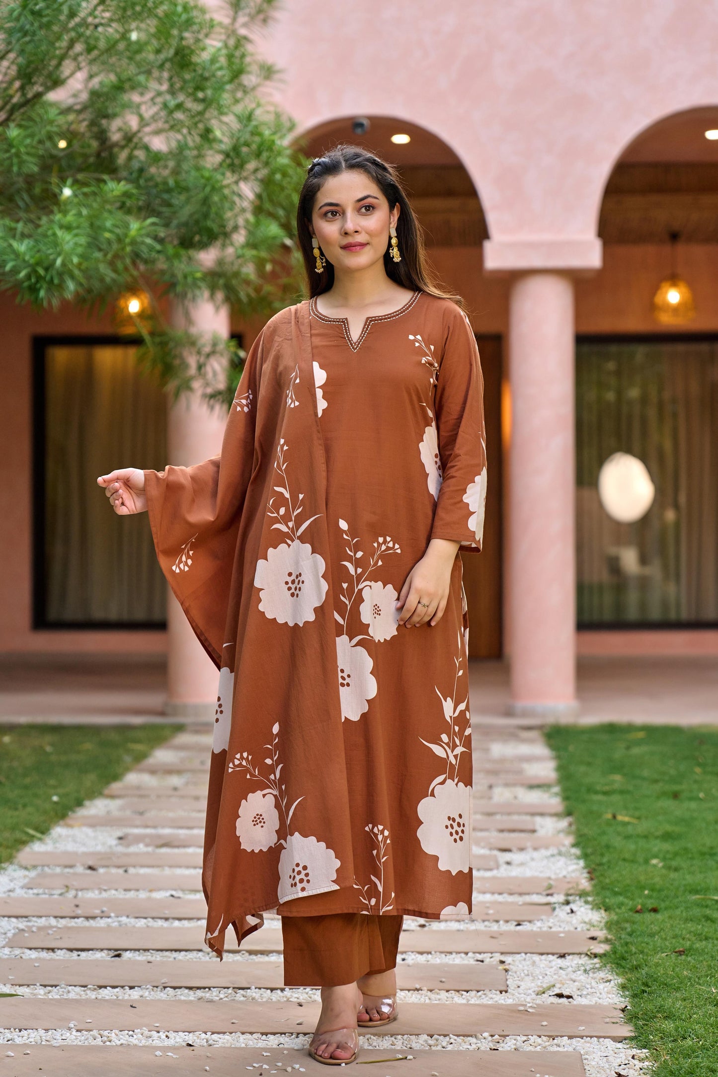Brown pure cotton digital print three piece set (A437)