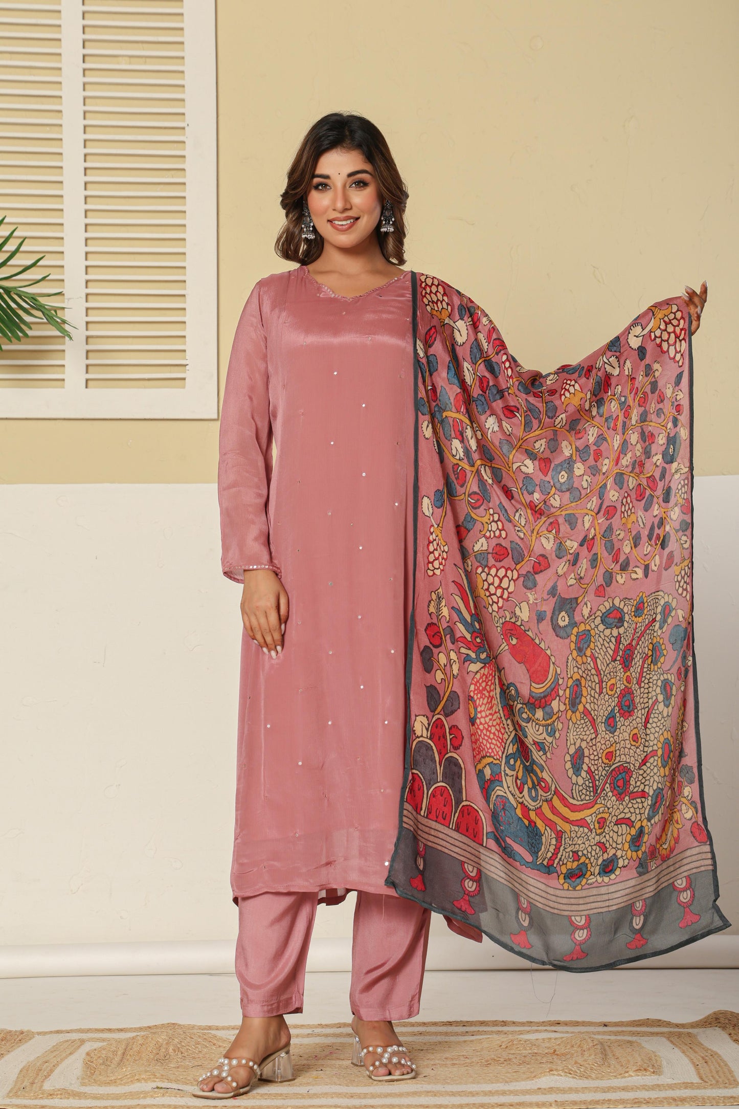 Pure chinnon with kalamkari dupatta three piece set(A1300)