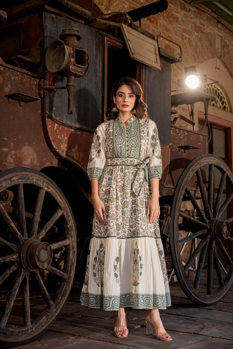Sea green block print pure cotton with lining one piece dress