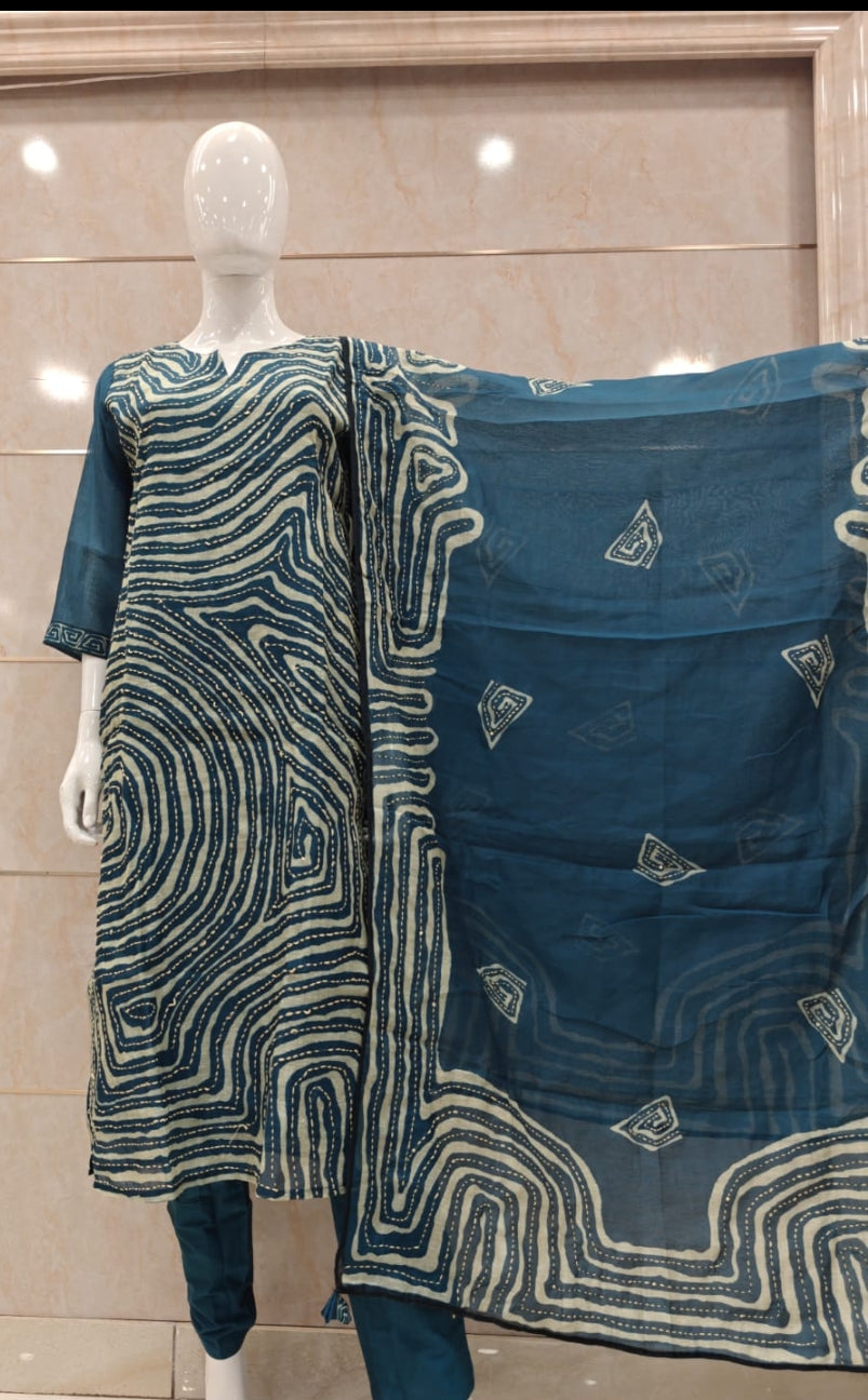 Pure chanderi with full katha work designer three piece set (A1345)