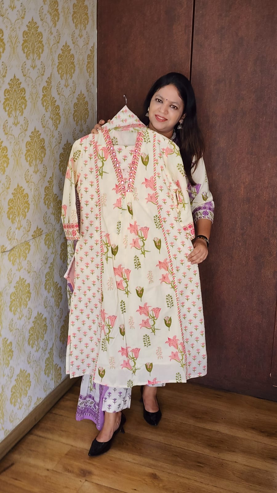 White with pink pure cotton original block print three piece set (A412)
