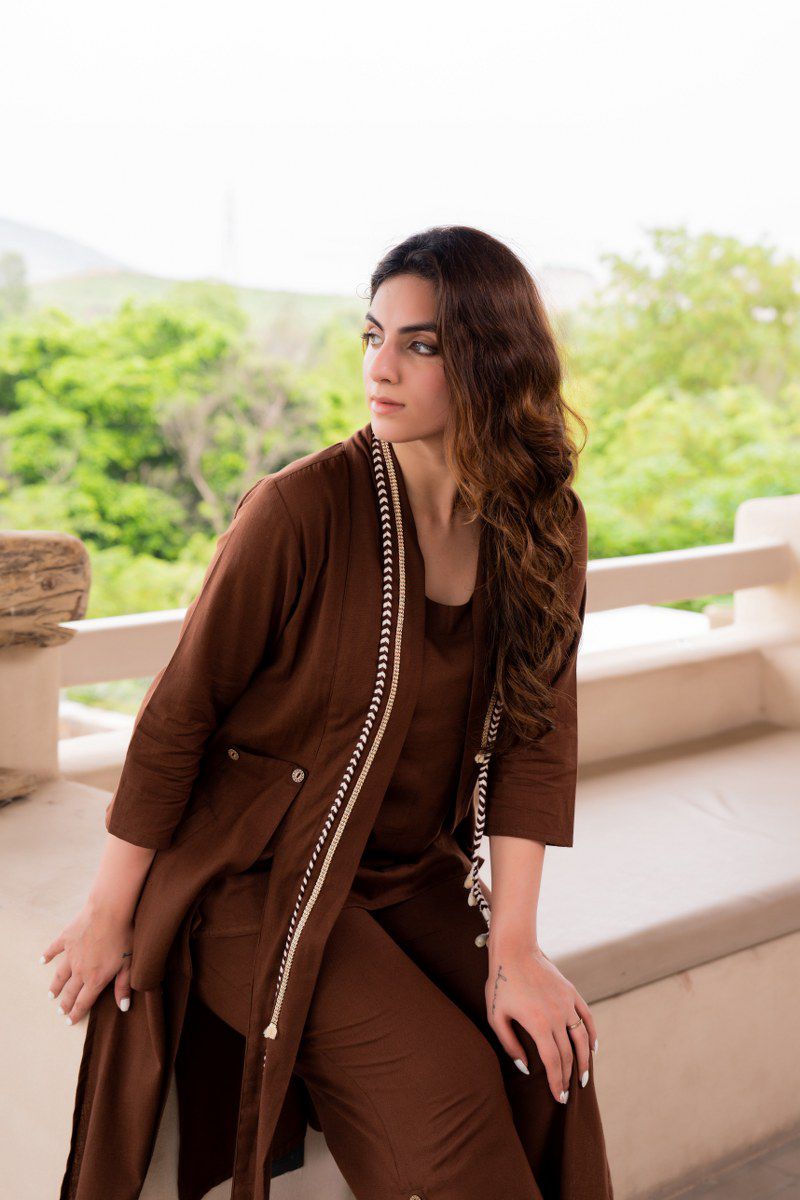 Brown cotton linen smart three piece cordset set (A893)