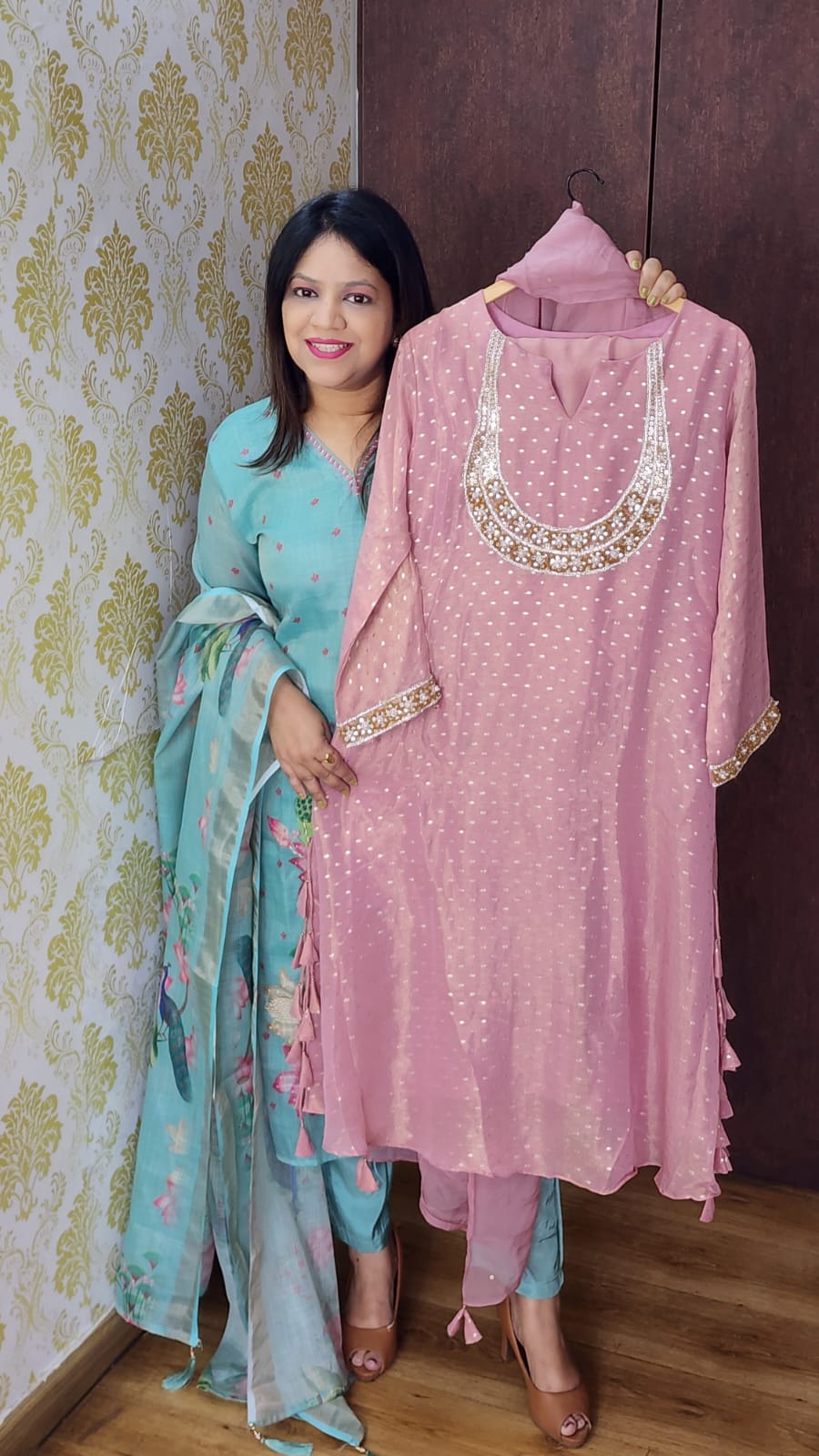 Blush pink banarasi tissue full hand work three piece set (P1462)