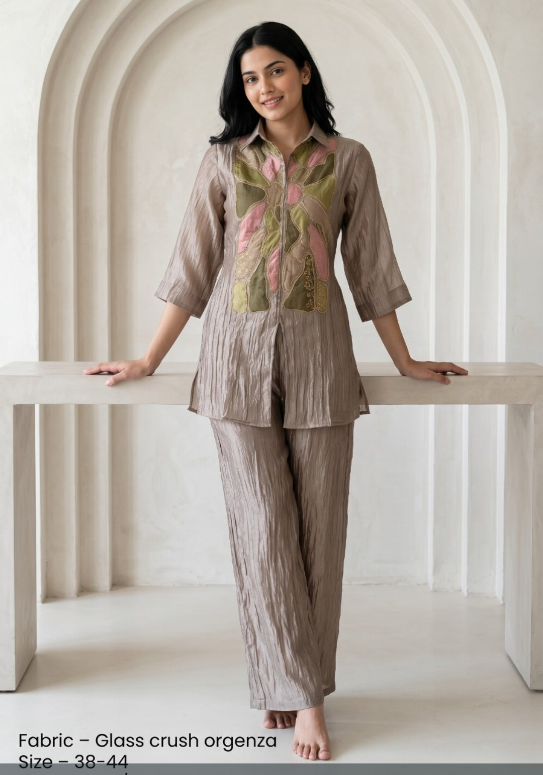 Glass crush organza with mul lining both bottom and top smart two piece cordset (B989)