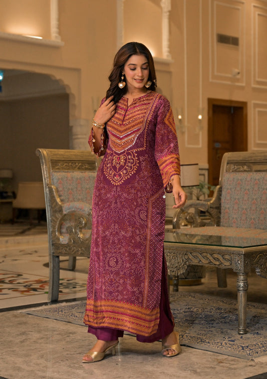 Natural crape with lining pakistani pattern two piece cordset length 54 inch (S305)