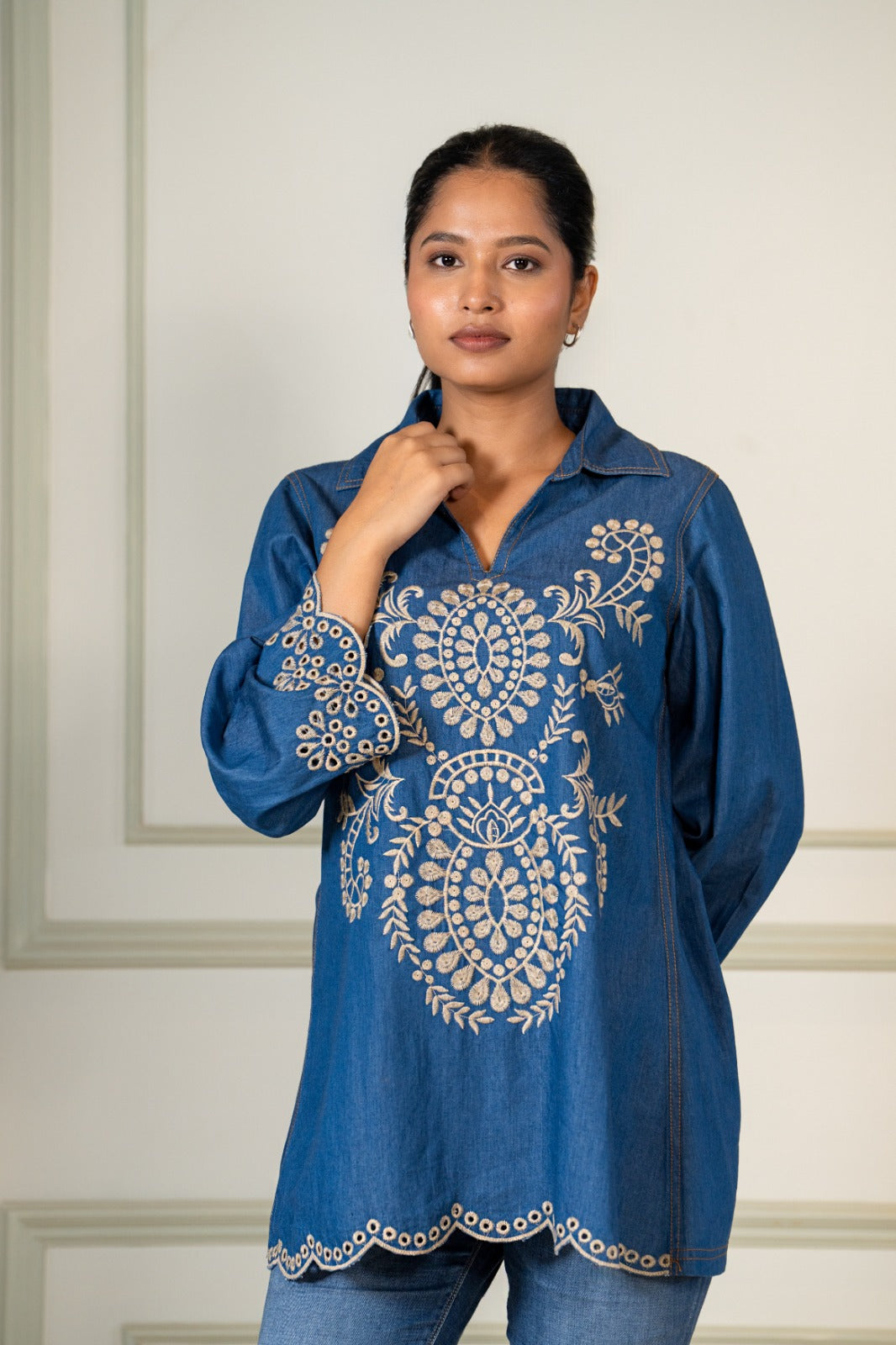 Blue denim fully embroidered top (A1154)