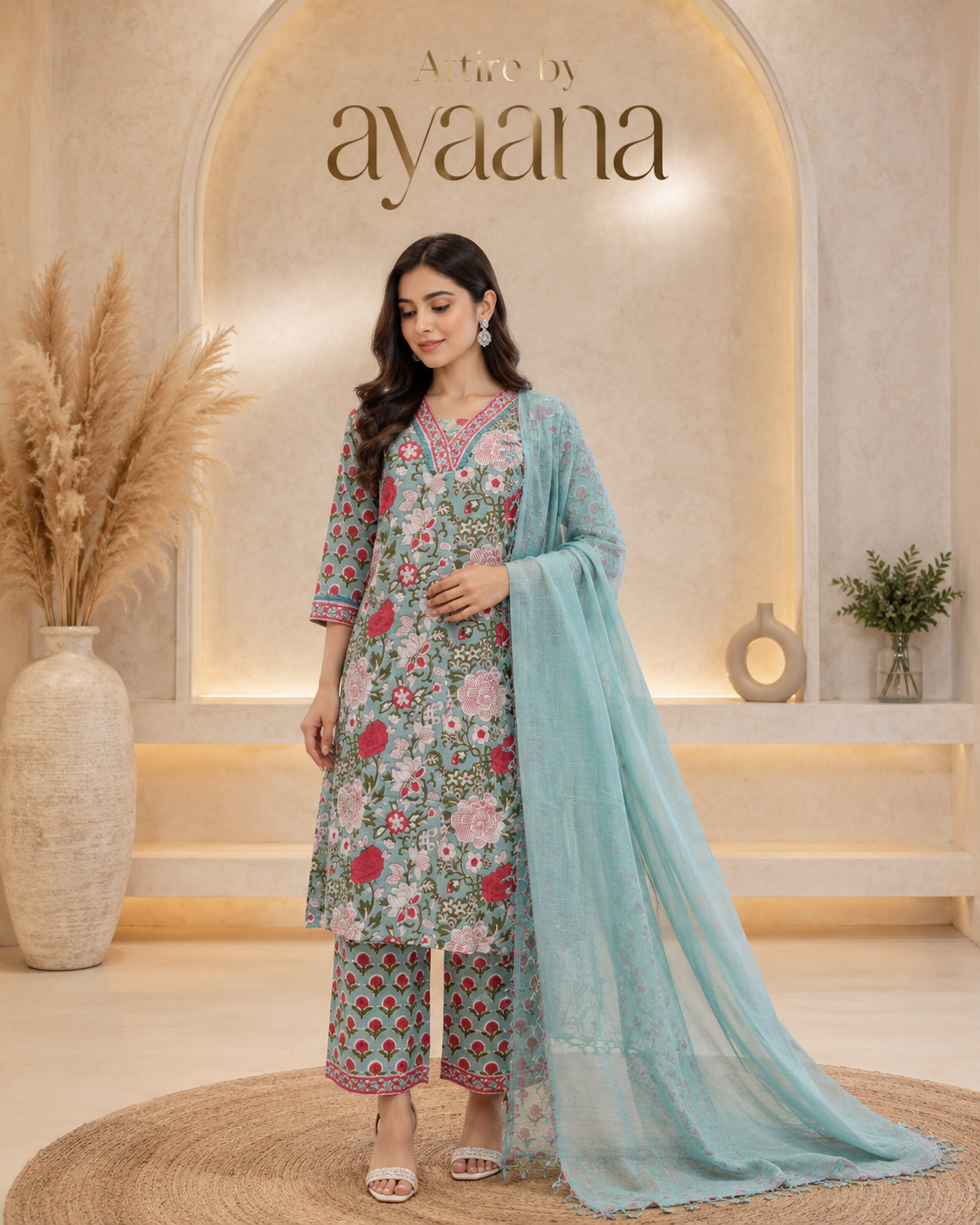 Pure cotton block print with kota dupatta three piece set (S153)