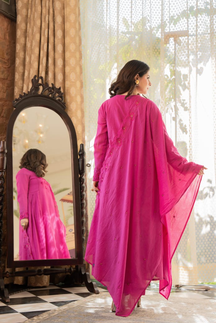 Bright pink crush cotton full thread work three piece set (P2046)
