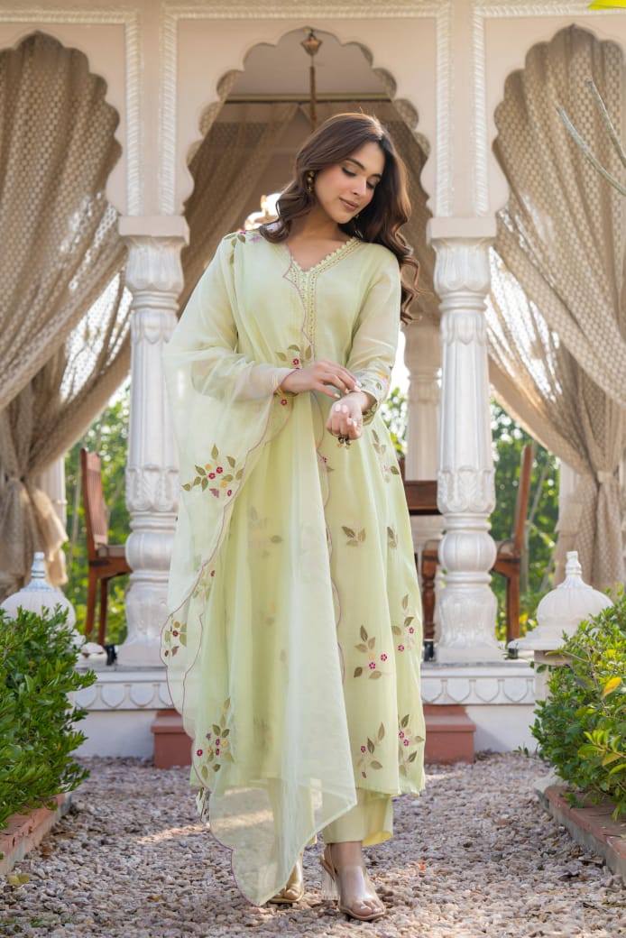 Light green mul chanderi with full thread work three piece set (P2034)