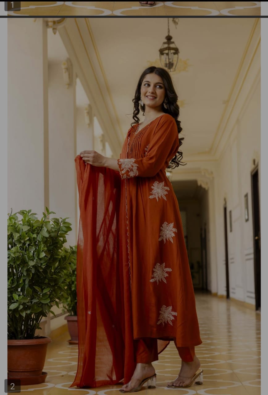 Bright orange thread work heavy cotton rayon three set(P2071)