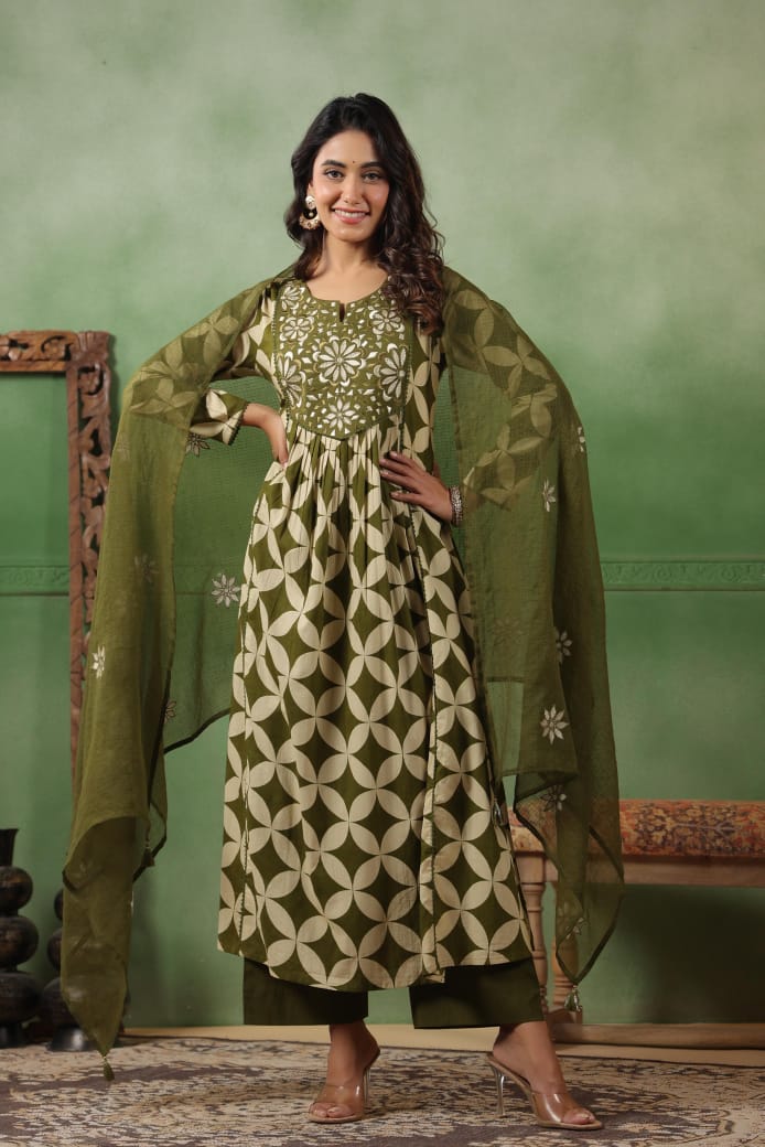 Green pure cotton designer anarkali (P1464)