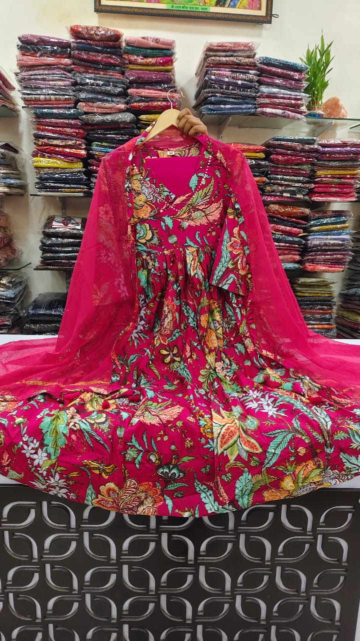 Pink flared cotton anarkali three piece set (A1289)