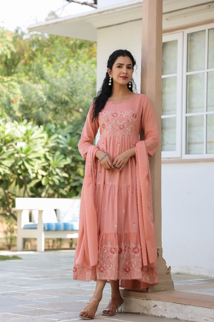 Peach pure mul cotton with full thread embroidery one piece gown with dupatta (P2007)