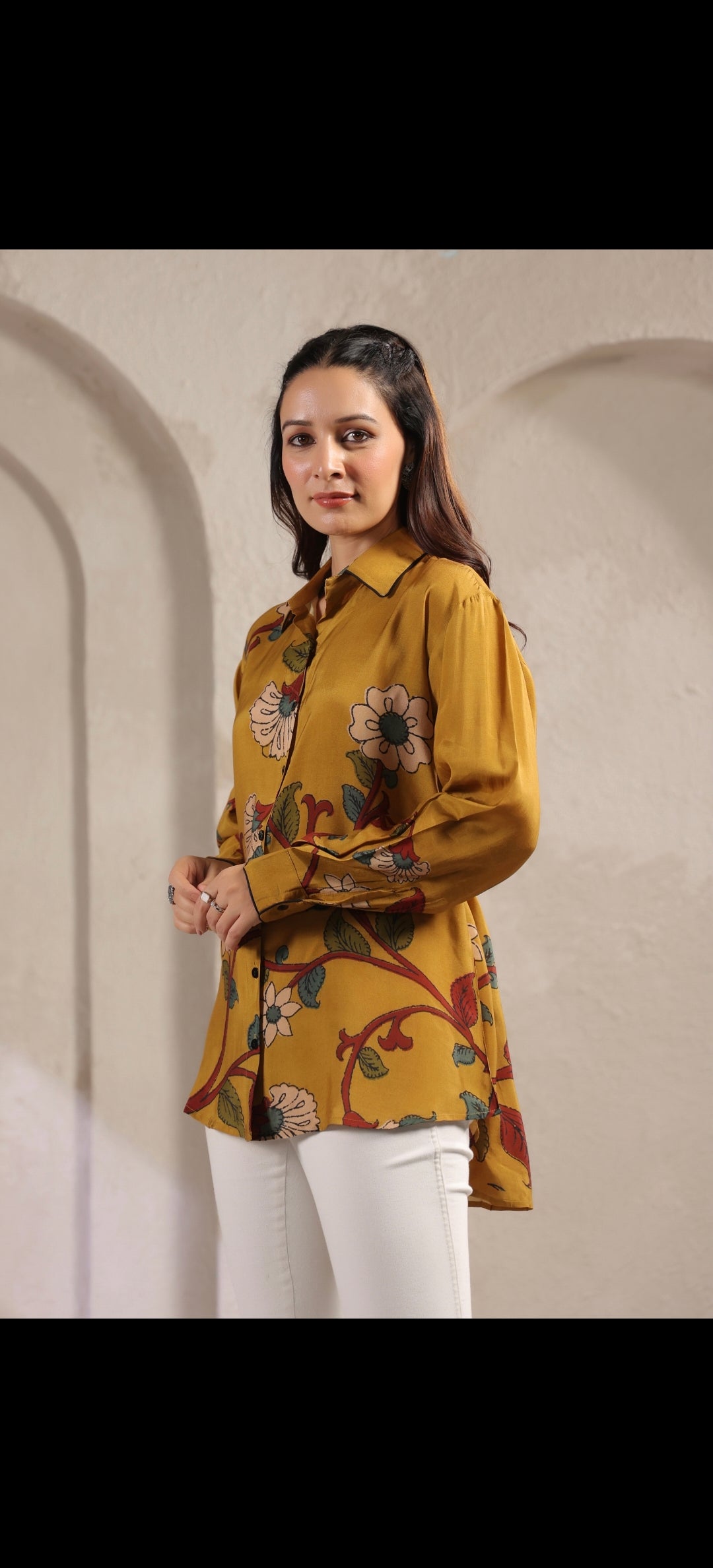 Mustred kalamkari shirt low high pattern (A960)