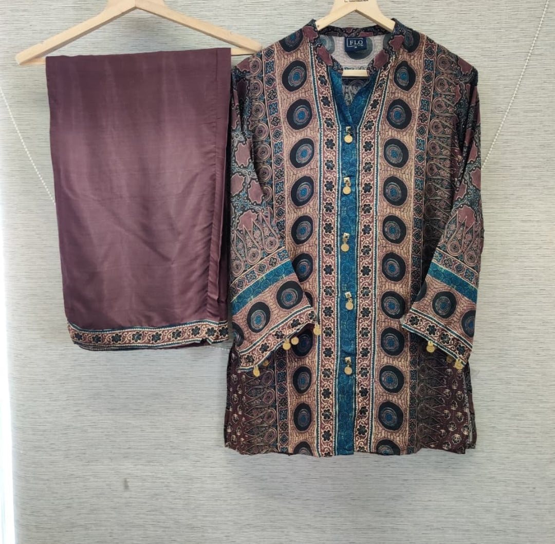 Pure mul silk ajrakh print smart two piece cordset (B1043)