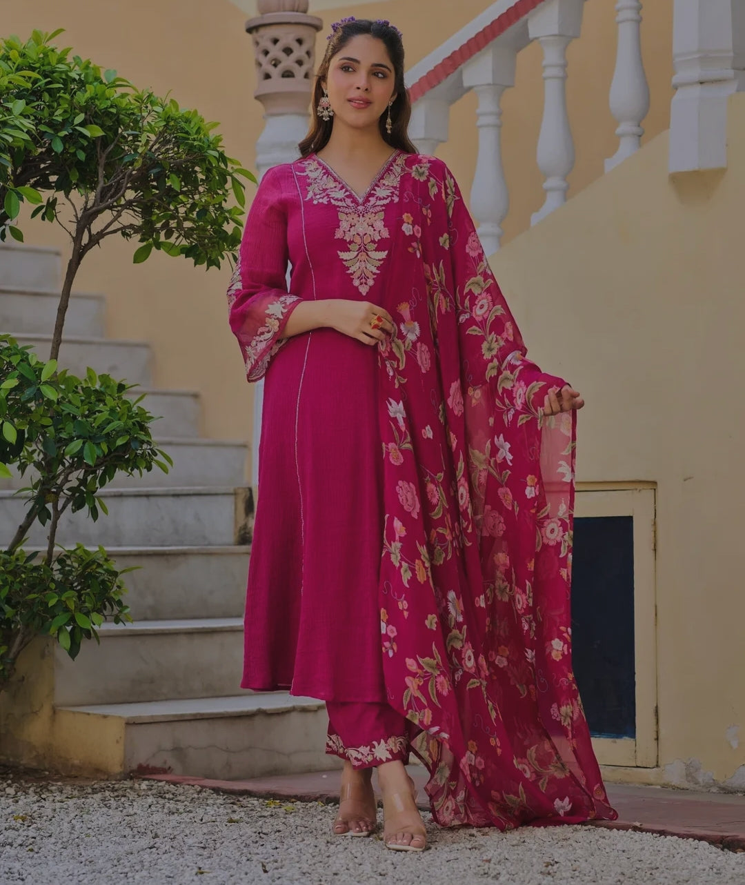 Crush cotton with lining A line kurta with mul lining and designer soft organza dupatta three piece set (B192)