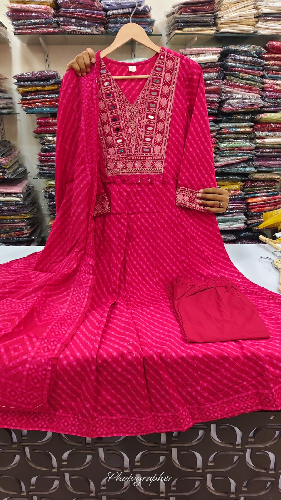 Cotton lehriya flared with real mirror work three piece set (C334)