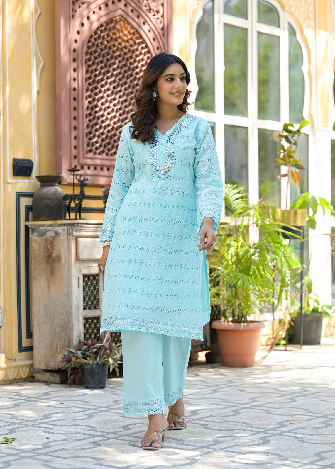Powder blue hakoba with real mirror work two piece cordset (P2047)