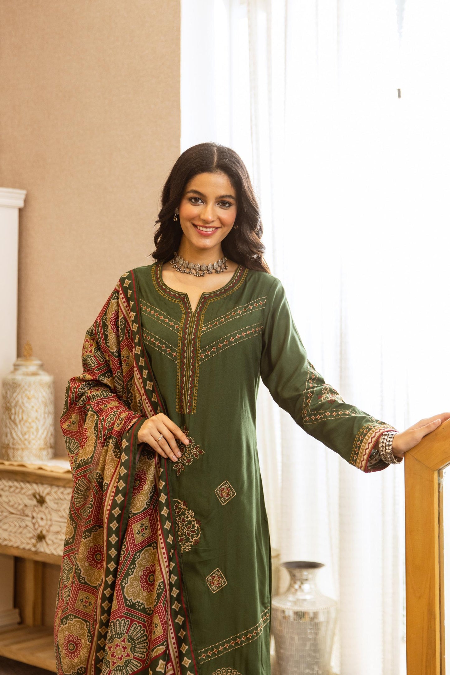 Cotton modal fully embroidered smart three piece set (B245)