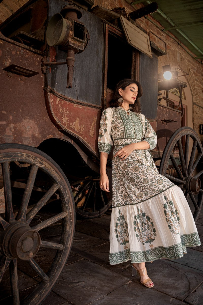 Sea green block print pure cotton with lining one piece dress