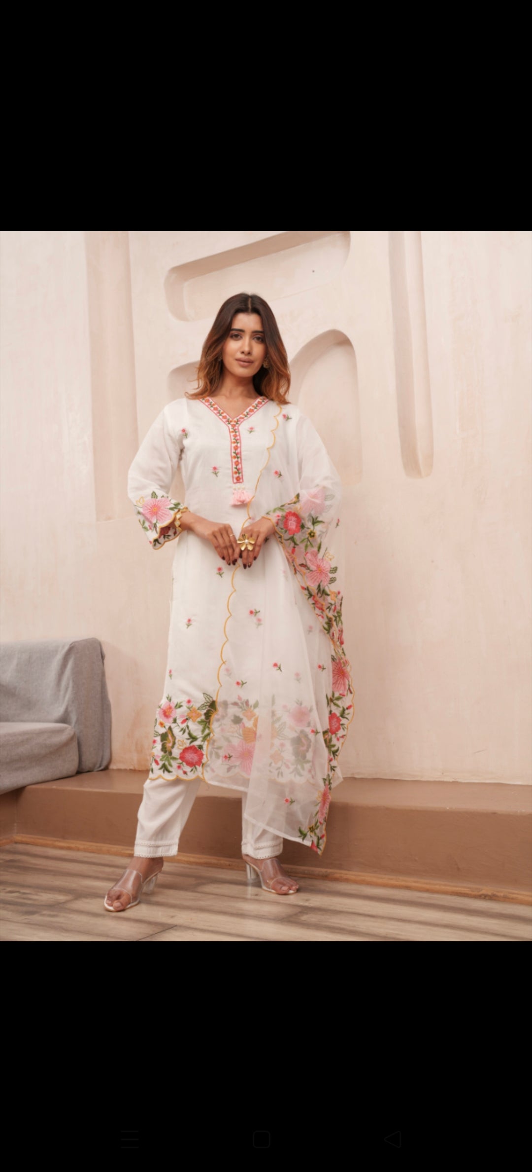 White pure muslin fully embroidered three piece set (P1933)