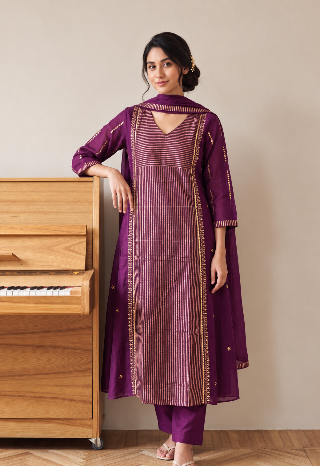 Pure mul chanderi with adda work three piece set (C703)