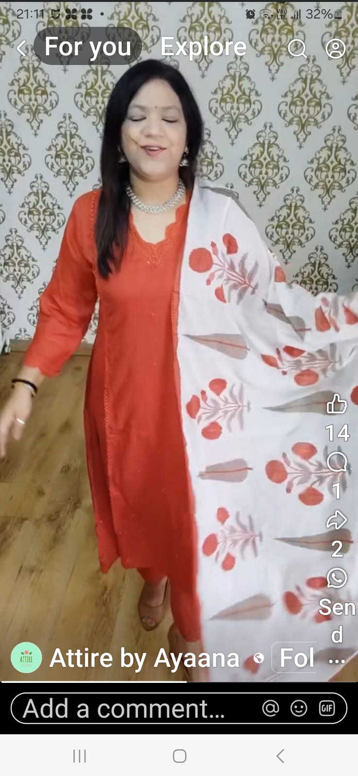Orange pure cotton with lining and full block print dupatta three piece set (A356)