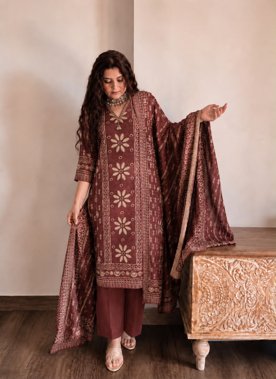 Cotton shifali with placement print smart three piece set (C126)