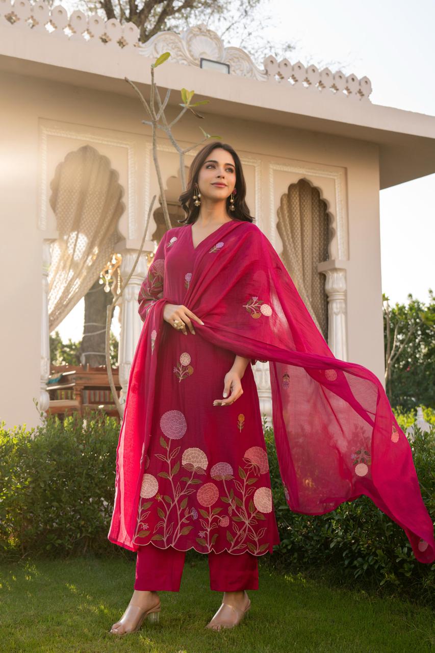 Wine pure mul chanderi with mul lining full thread work pakistani sleeves three piece set (P2164)
