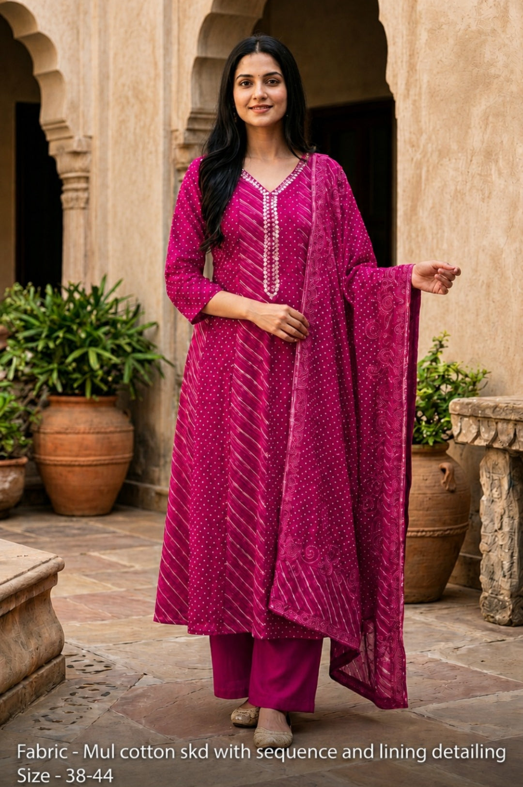Pink mul cotton lehriya anarkali three piece set (C116)