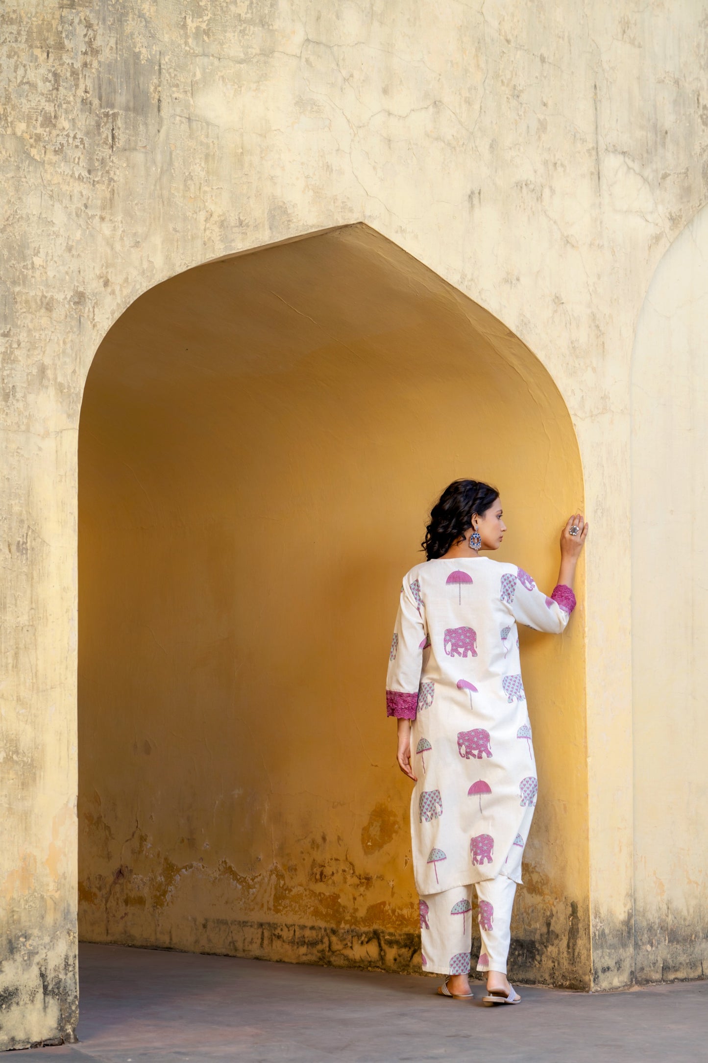 White with pink linen cotton two piece cordset (P1981)