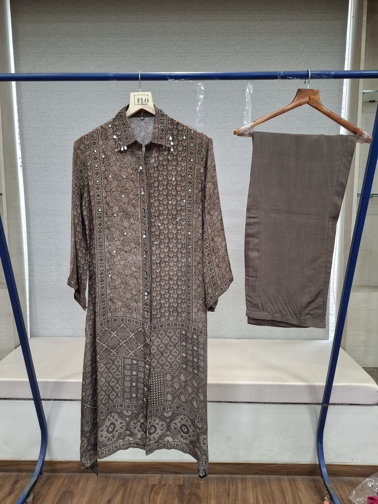Pure crape Ajrakh print smart two piece cordset (C131)